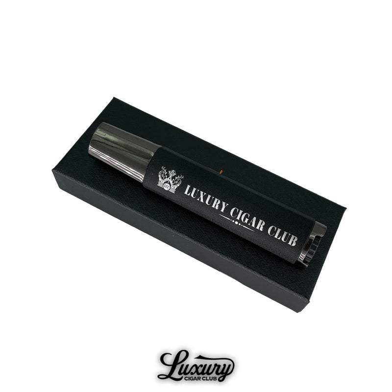Luxury Cigar Club Visol Duojet Torch Lighter in matte black finish with engraved crest and logo, shown on gift box.