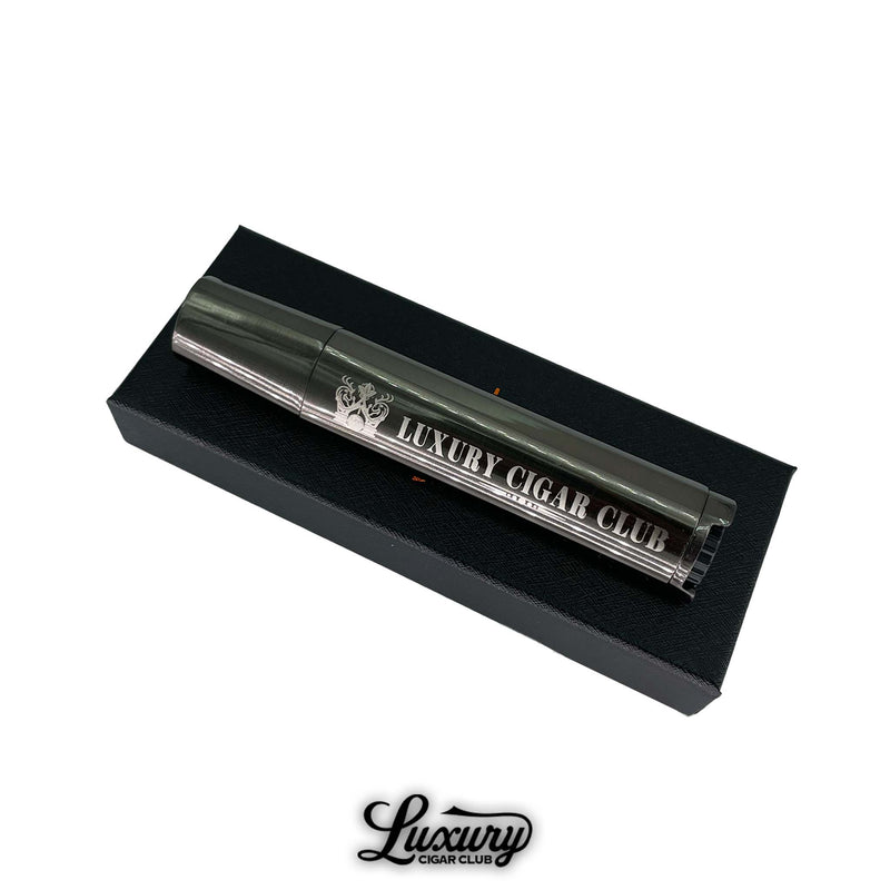 Gunmetal Visol Duojet Torch Lighter with Luxury Cigar Club logo engraved, resting on black presentation box.