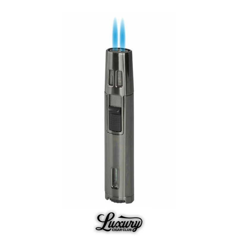 Visol Duojet Torch Lighter in gunmetal with dual blue jet flames ignited, displayed with Luxury Cigar Club branding.