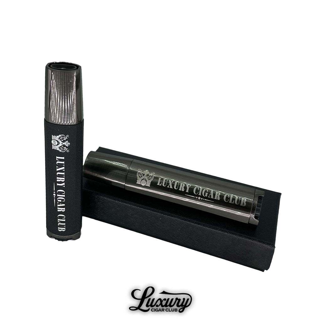 Luxury Cigar Club Visol Duojet Torch Lighter in gunmetal finish displayed on black gift box, engraved with Luxury Cigar Club logo.