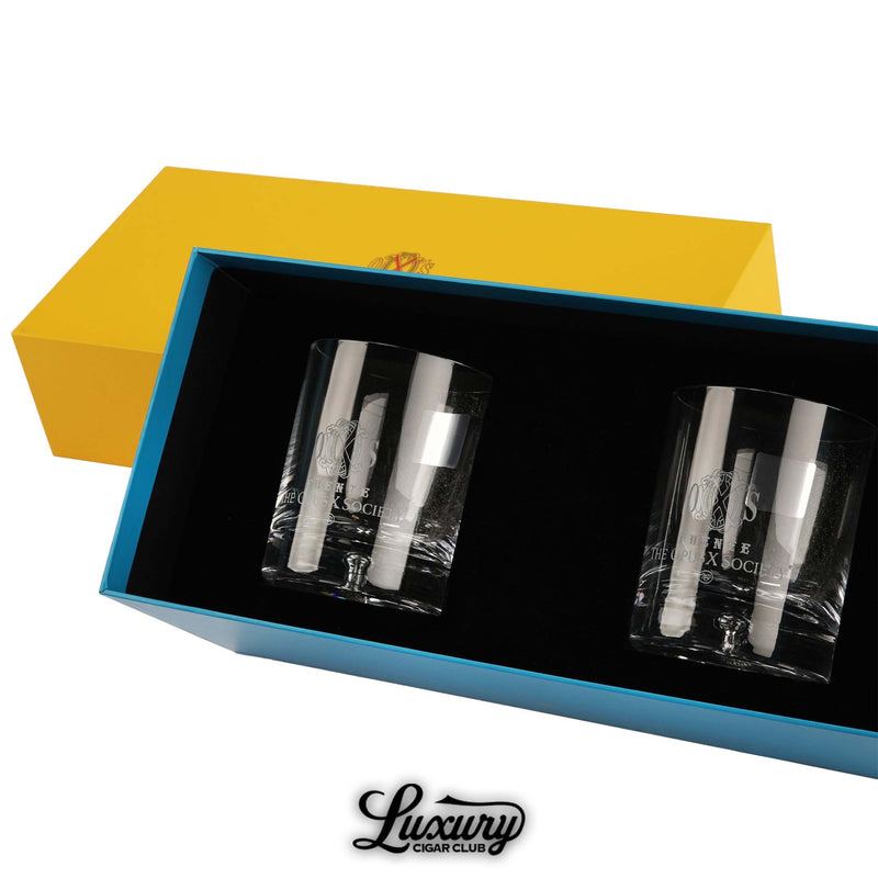 Manny Iriarte Opus X Society whiskey glass set of 2 with etched logo, presented in a luxury gift box from Luxury Cigar Club.