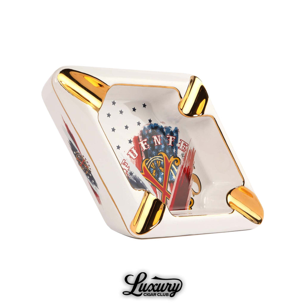 Luxury Cigar Club ceramic cigar ashtray with gold accents, featuring Fuente OpusX 1776 patriotic design.