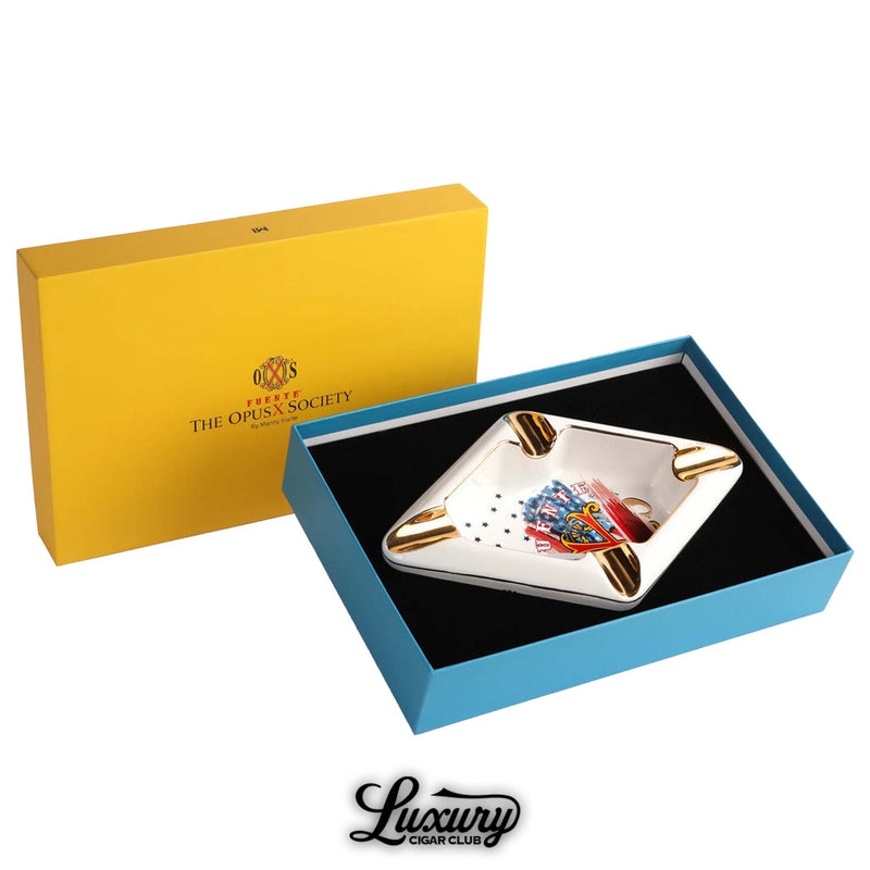 Luxury Cigar Club OpusX Society 1776 ashtray with presentation box, premium cigar accessory.