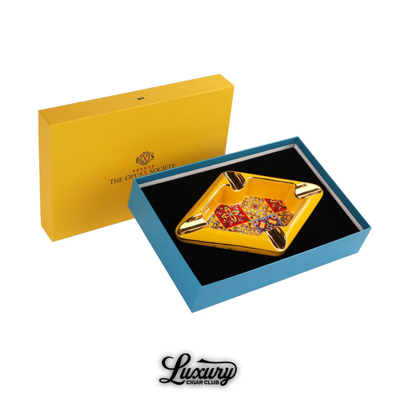 Manny Iriarte Opus X Society Colonial Tiles Yellow Ashtray in presentation box with branded lid luxury cigar accessory online