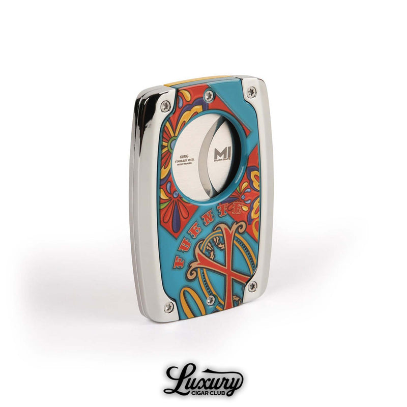 Reverse view of Manny Iriarte Opus X Society Colonial Tiles Cutter showing blue and red Fuente X motif with polished chrome accents, featured by Luxury Cigar Club.