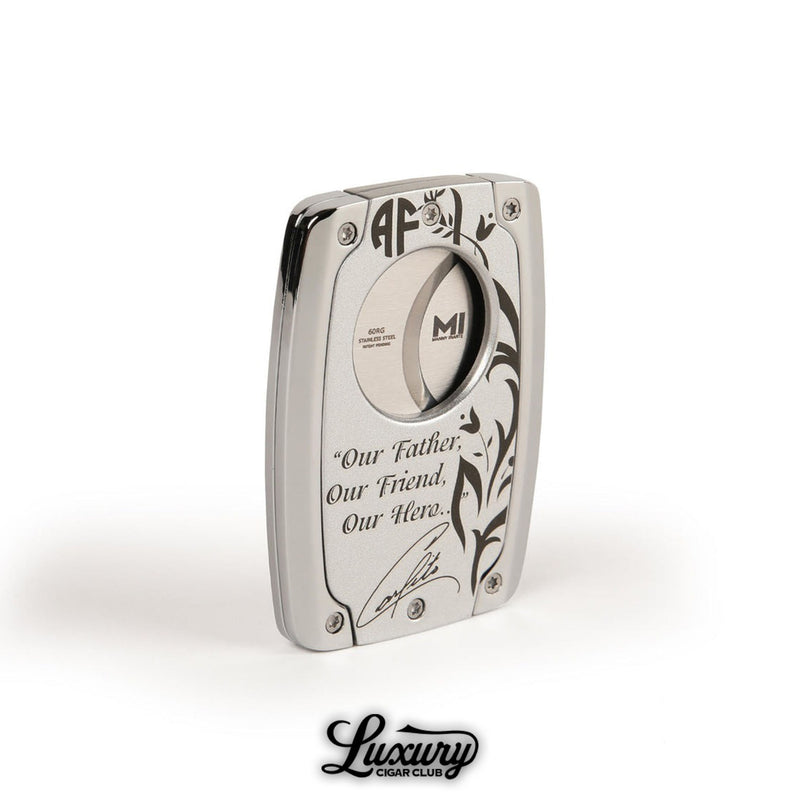 Back view of Manny Iriarte Opus X Society Don Carlos Cutter engraved with “Our Father, Our Friend, Our Hero” tribute and AF logo, featured by Luxury Cigar Club.