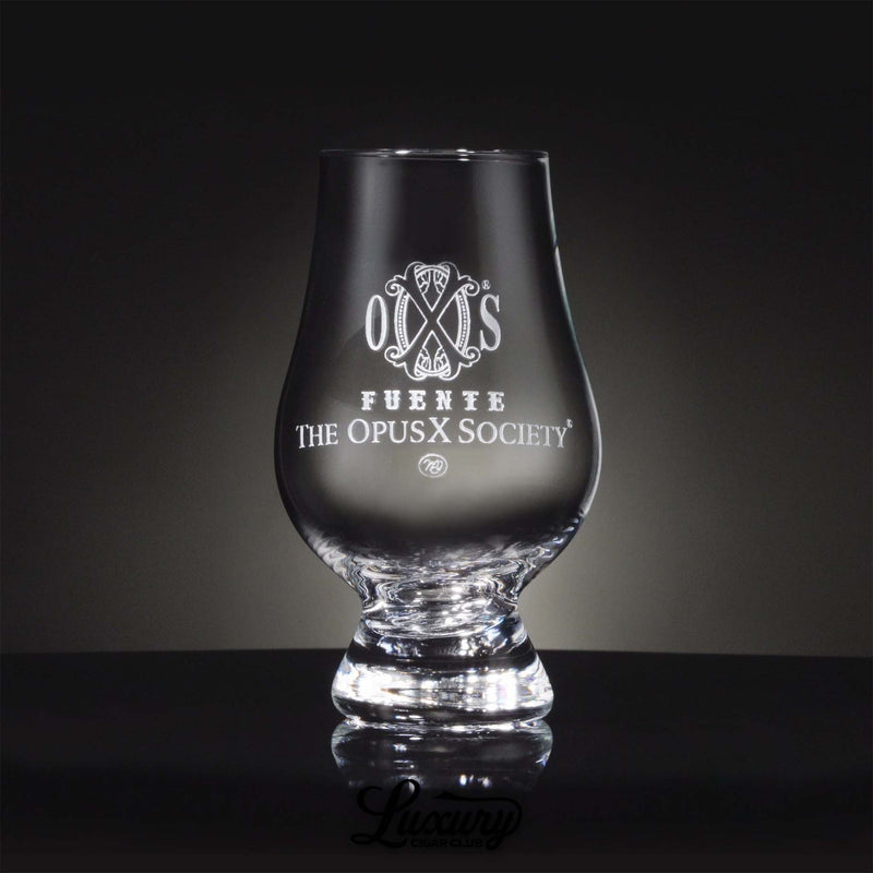 Close Up Manny Iriarte Opus X Society Glencairn Whiskey Glass with Logo Luxury Cigar Club