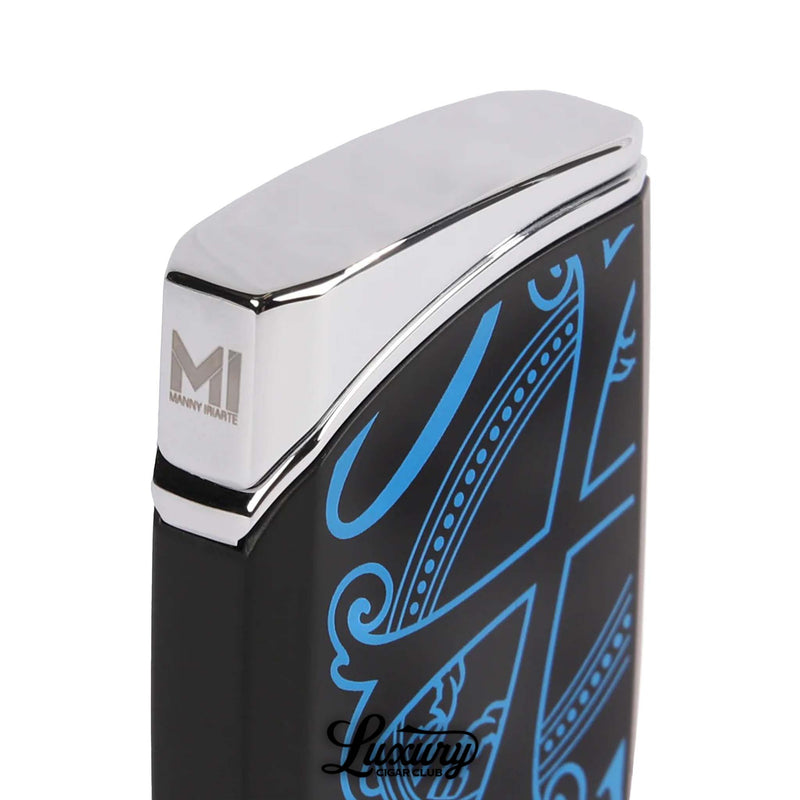 Luxury Cigar Club Manny Iriarte Opus X Society J30 lighter in black with blue design and chrome top engraved with MI logo close-up