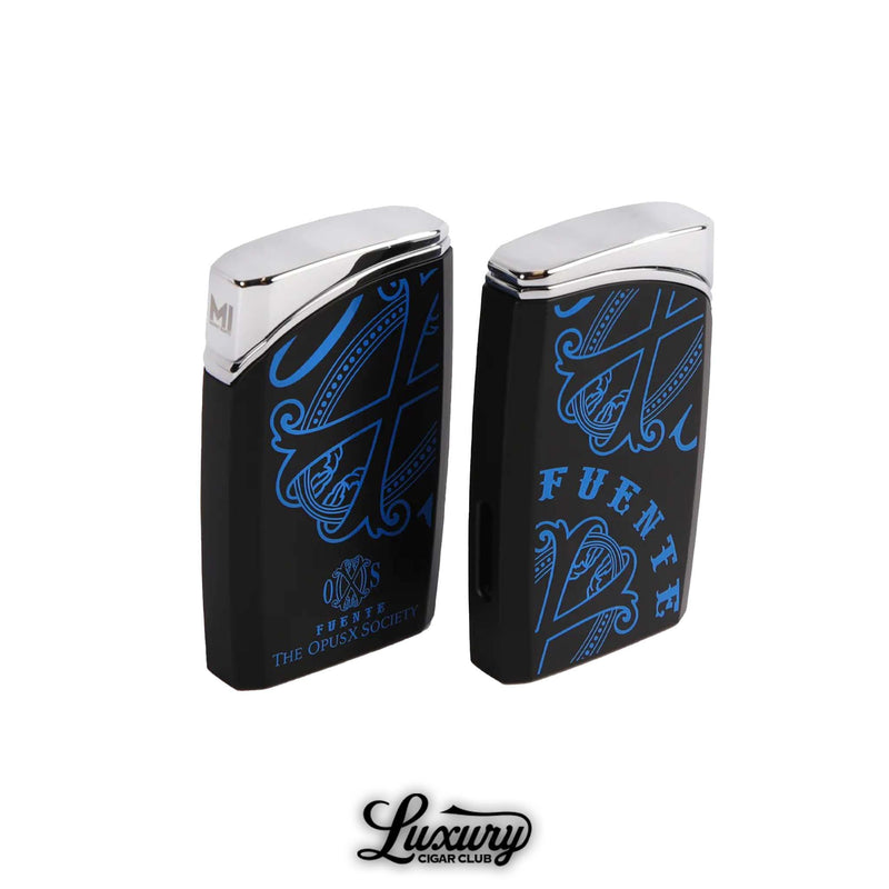 Luxury Cigar Club Manny Iriarte Opus X Society J30 lighter in black with blue design shown front and back