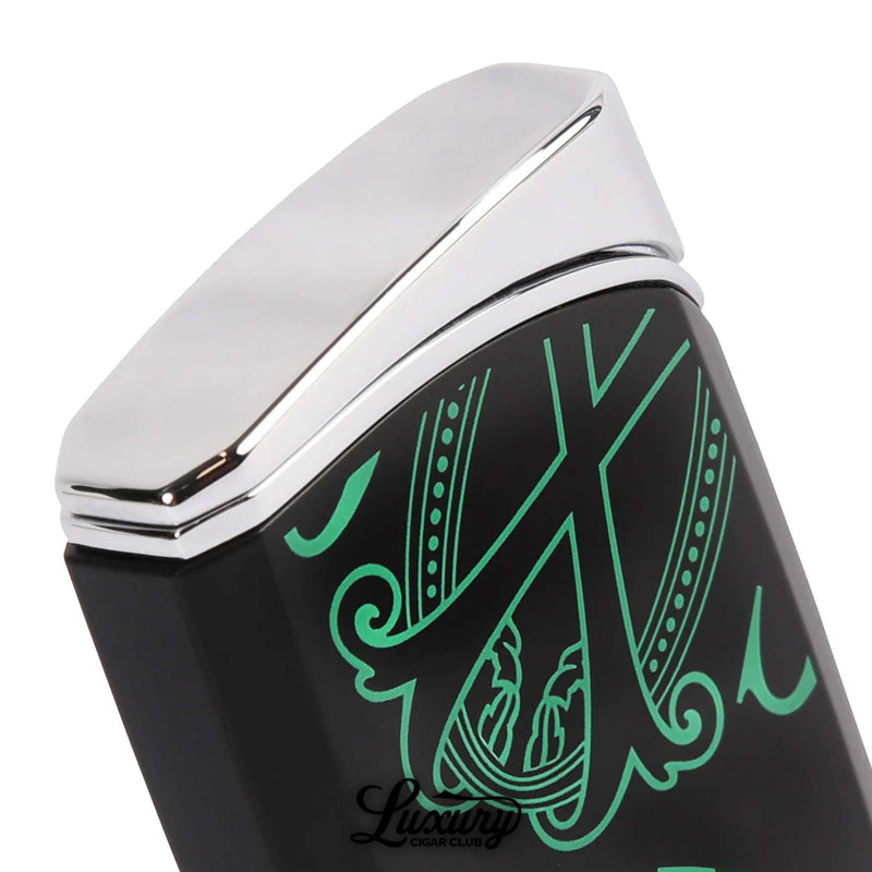 Luxury Cigar Club Manny Iriarte Opus X Society J30 lighter in black with green design chrome detail close-up