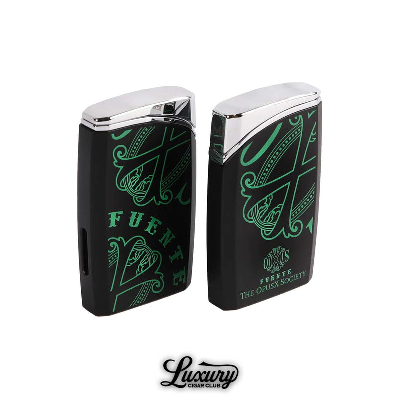 Luxury Cigar Club Manny Iriarte Opus X Society J30 lighter in black with green design and chrome accents
