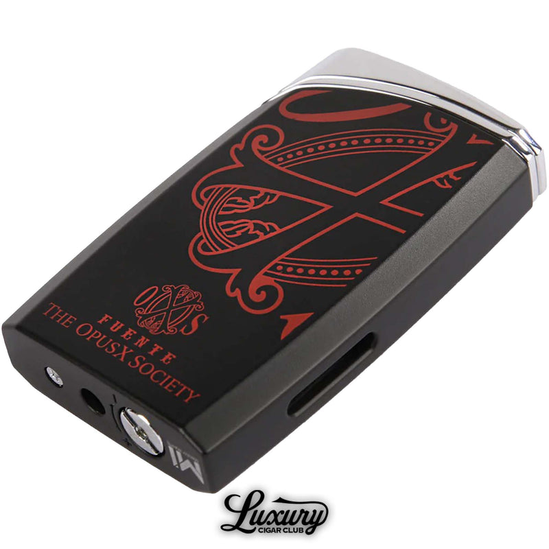 Luxury Cigar Club Manny Iriarte Opus X Society J30 lighter in black with red design chrome top view