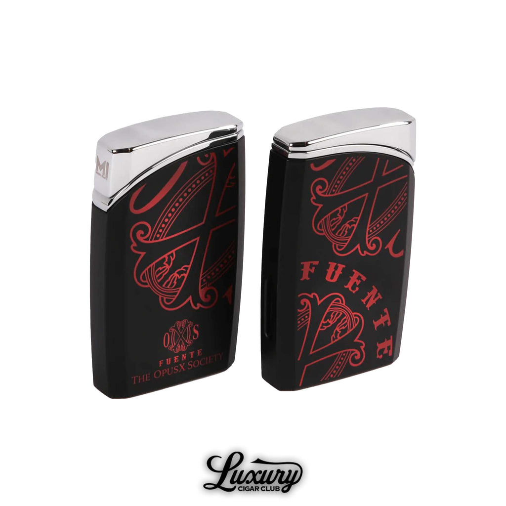 Luxury Cigar Club Manny Iriarte Opus X Society J30 lighter in black with red design detailed chrome view