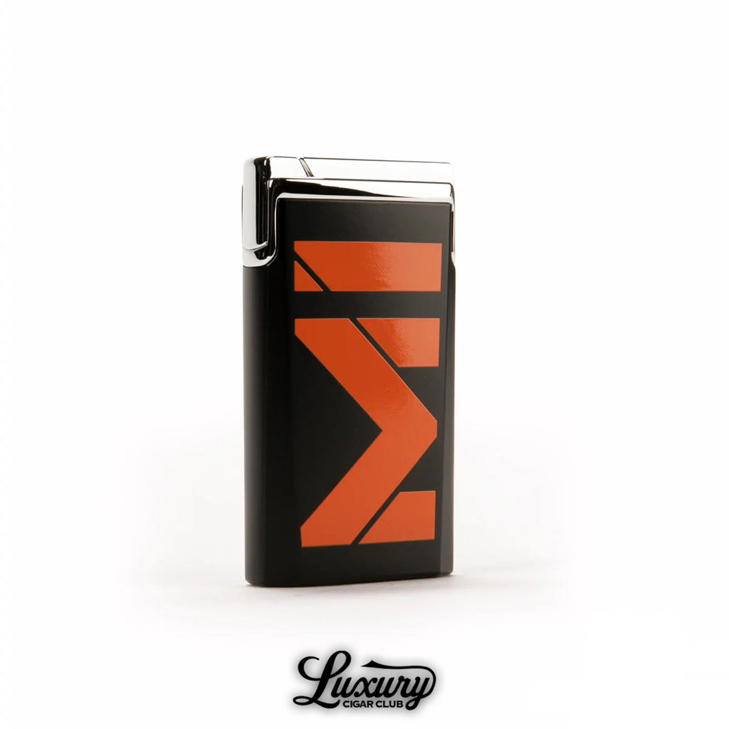 Manny Iriarte Opus X Society MI lighter by Elie Bleu black and orange design front view luxury cigar club accessory
