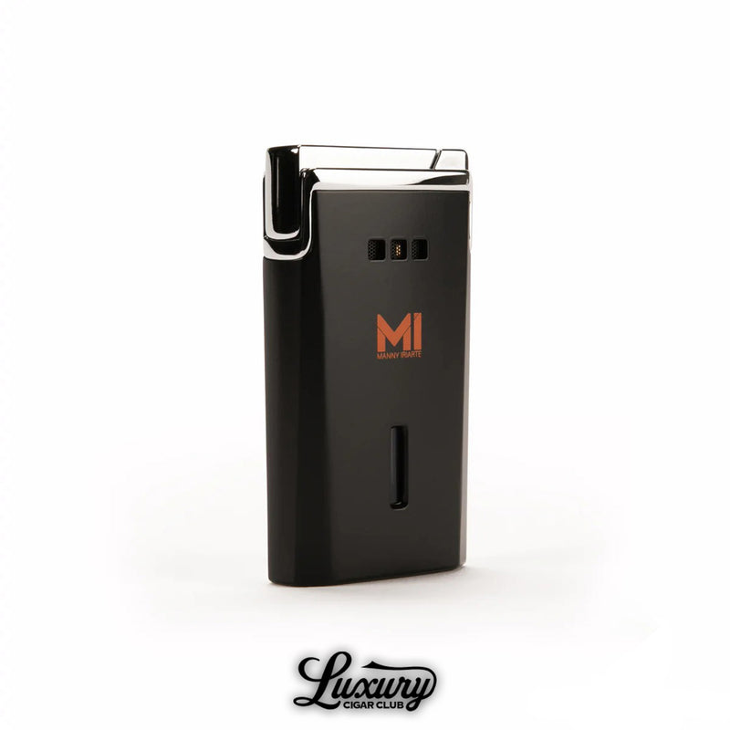 Manny Iriarte Opus X Society MI lighter by Elie Bleu black body with MI logo rear view luxury cigar club accessory