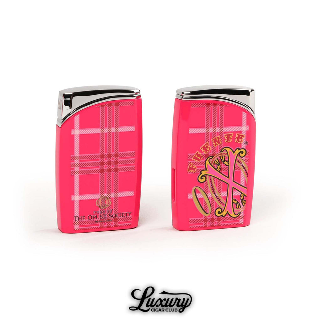 Manny Iriarte Opus X Society OXS Rose J30 lighter in vibrant pink with plaid pattern and gold Fuente OpusX logo luxury cigar club