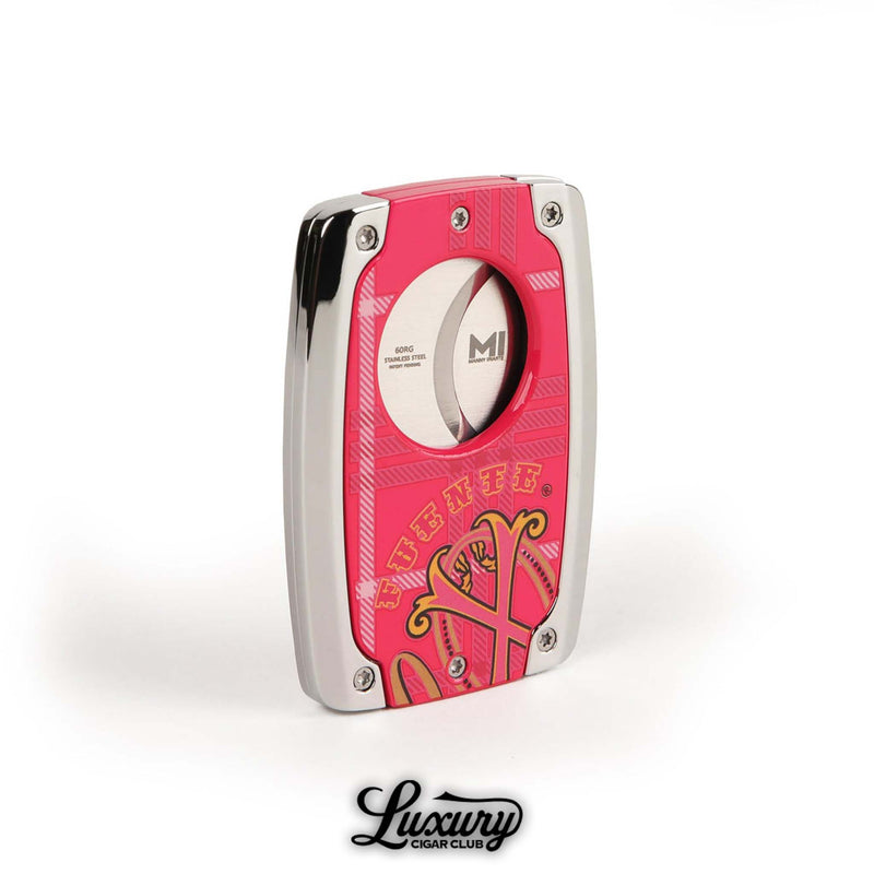 Manny Iriarte Opus X Society Rose Cutter upright view highlighting Fuente X artwork and precision stainless-steel blades, presented by Luxury Cigar Club.