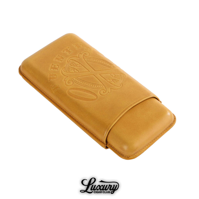 Manny Iriarte OpusX Society Spanish Nobuk Leather 3-Cigar Case in camel yellow embossed with Fuente OpusX logo from Luxury Cigar Club