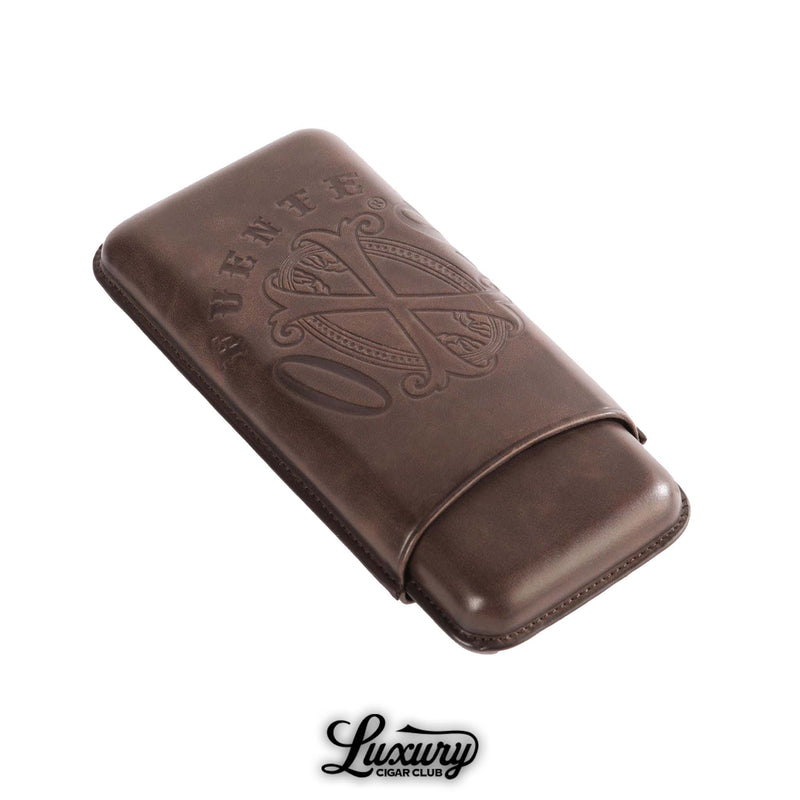 Manny Iriarte OpusX Society Spanish Nobuk Leather 3-Cigar Case in chocolate brown embossed with Fuente OpusX logo available at Luxury Cigar Club