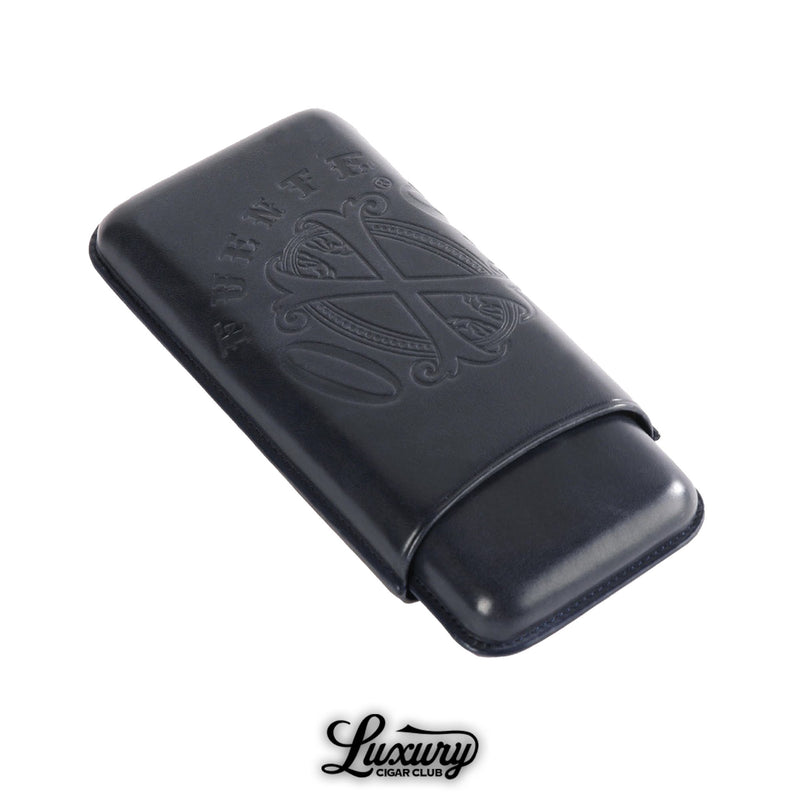 Manny Iriarte OpusX Society Spanish Nobuk Leather 3-Cigar Case in dark blue featuring embossed Fuente OpusX logo from Luxury Cigar Club