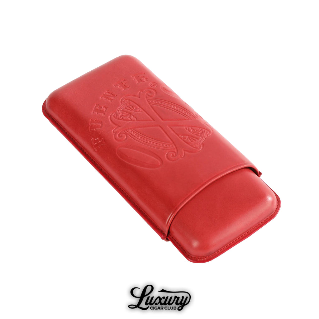 Manny Iriarte OpusX Society Spanish Nobuk Leather 3-Cigar Case in vibrant red with embossed Fuente OpusX logo available at Luxury Cigar Club