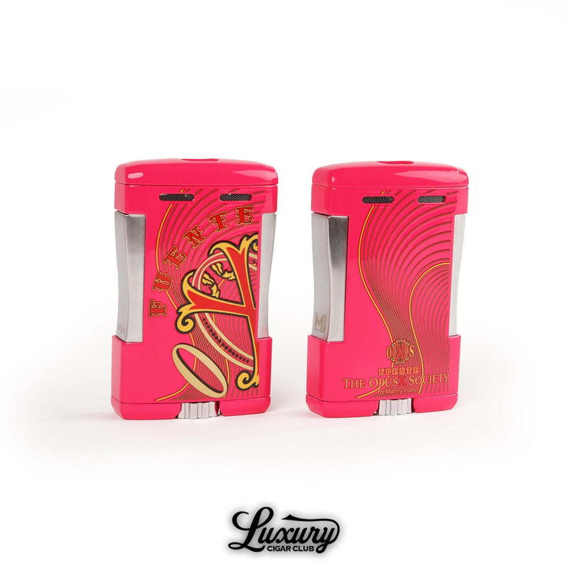 Manny Iriarte Opus X Society XOS Table Top Lighter in pink with Fuente Opus X design front and back view