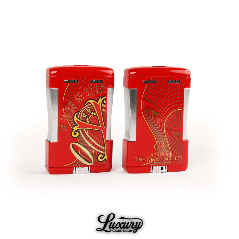 Manny Iriarte Opus X Society XOS Table Top Lighter in red with Fuente Opus X design front and back view