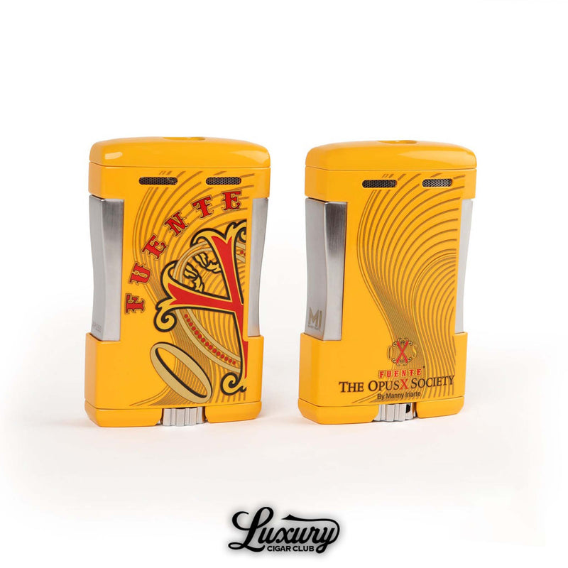 Manny Iriarte Opus X Society XOS Table Top Lighter in yellow with Fuente Opus X design front and back view