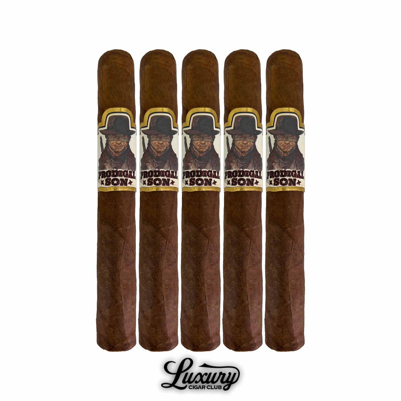 Five Martin Kove Prodigal Son Toro cigars in a row, showcasing rich brown wrappers and illustrated cigar bands with Martin Kove design and Prodigal Son branding, displayed by Luxury Cigar Club.
