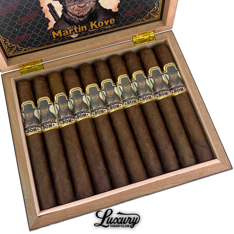 Close-up view of Martin Kove Prodigal Son Toro cigars in cedar box, each cigar wrapped in dark brown leaf with detailed band artwork of Martin Kove and bold “Prodigal Son” text, presented by Luxury Cigar Club.