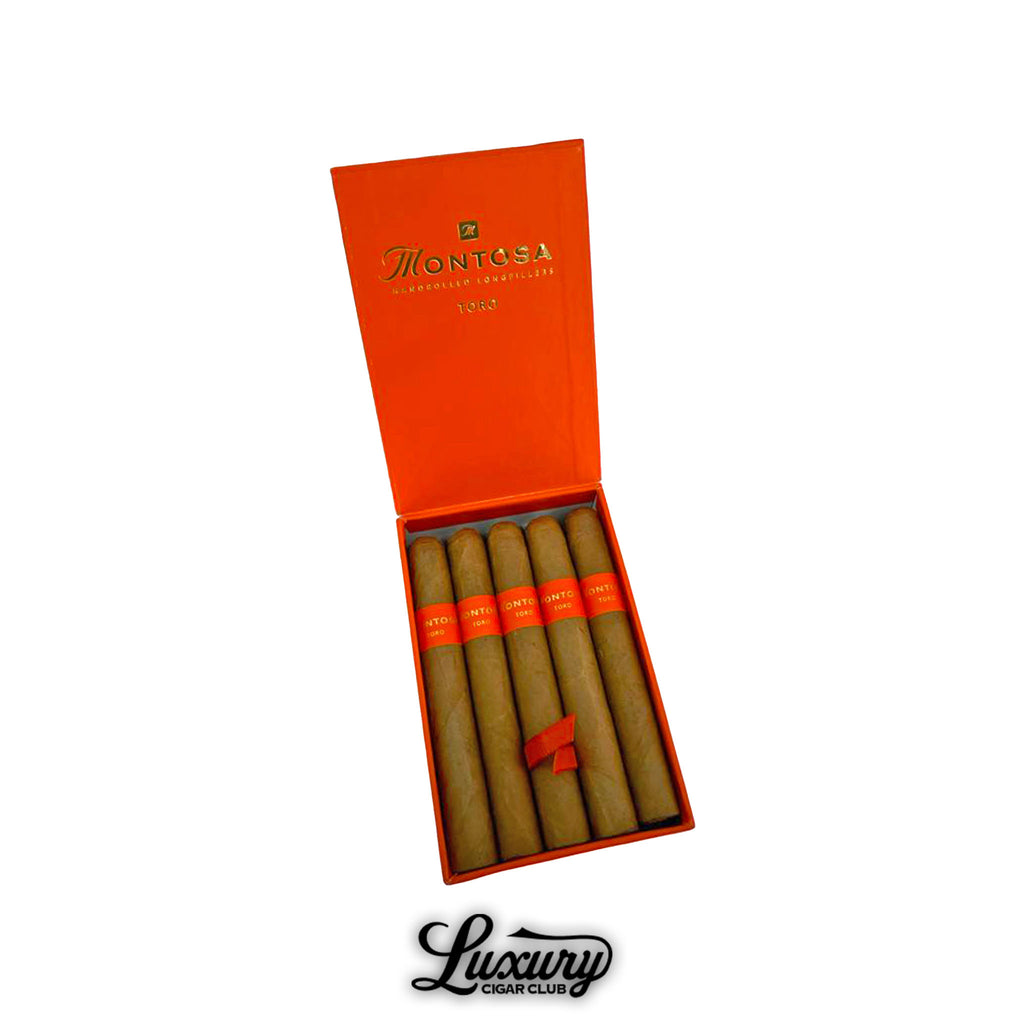 Montosa Natural Toro cigars neatly arranged in a bright orange box with gold lettering, featuring smooth Connecticut wrappers, presented by Luxury Cigar Club.