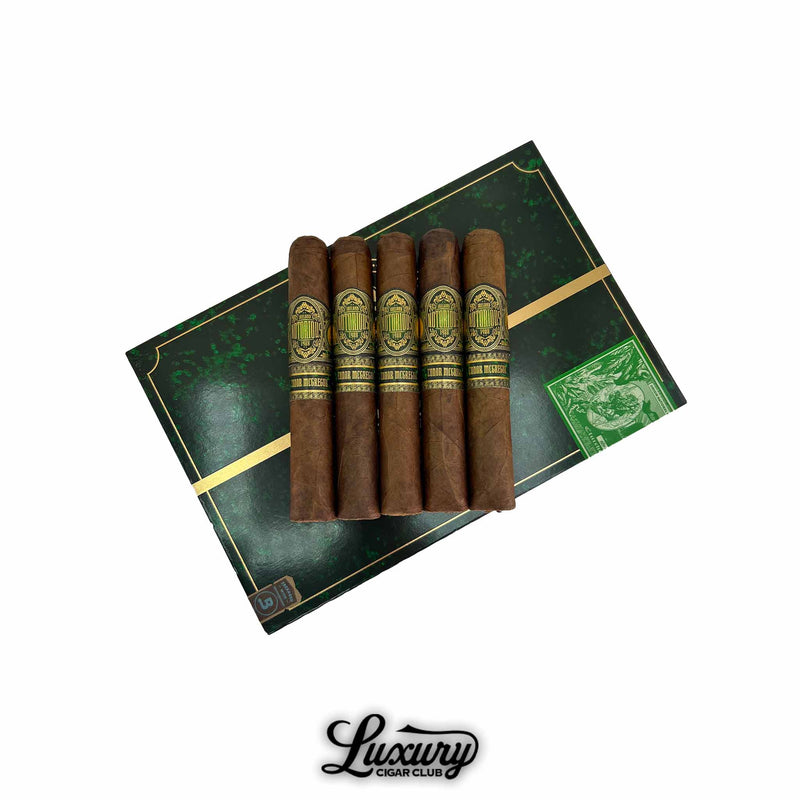 Five Notorious Conor McGregor Double Robusto cigars resting on a green and gold cigar box.