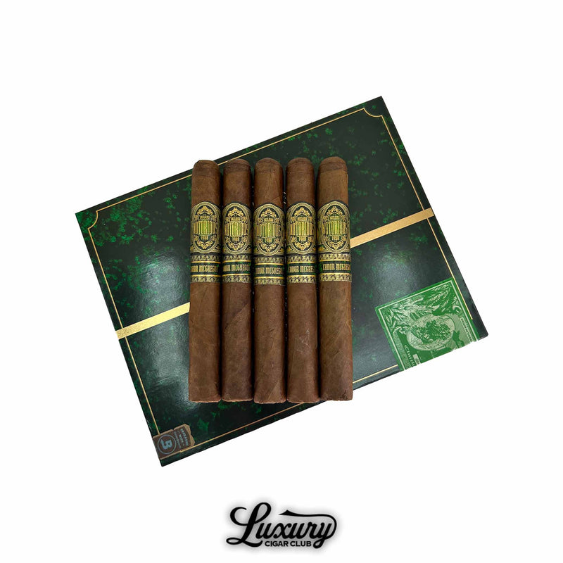 Five-pack of Notorious Conor McGregor Toro cigars arranged on their branded green and gold cigar box.