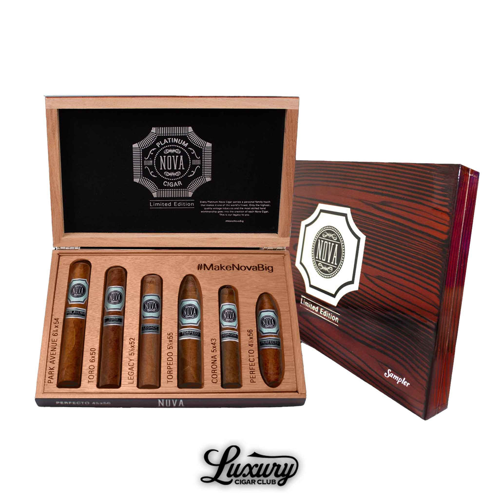 Nova Platinum Sampler Box featuring six premium cigars in assorted vitolas with elegant wood packaging, presented by Luxury Cigar Club.