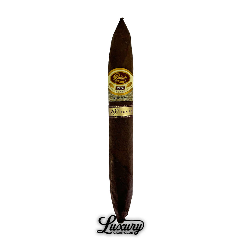 Single Padron 1926 Serie 80 Years Maduro Perfecto cigar with dark wrapper and gold band, shown with the Luxury Cigar Club logo.
