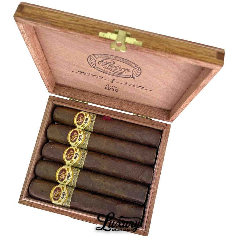 Open wooden box of Padron 1926 Serie No. 48 Maduro cigars, displaying five dark, box-pressed cigars with gold and burgundy bands, marked with the Padron 1926 logo and set against a branded interior lid.