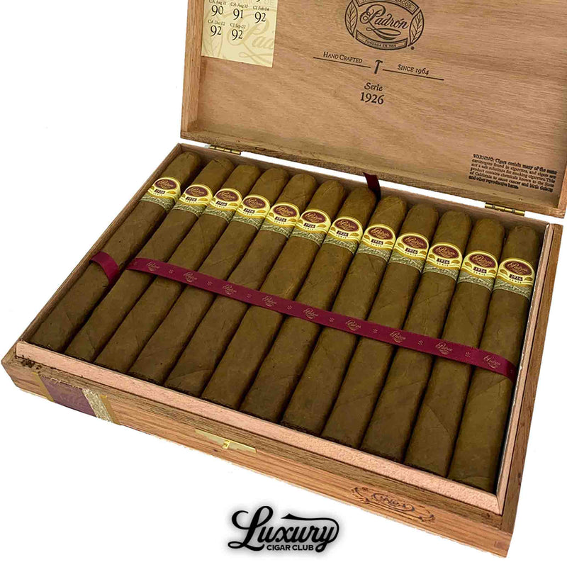 Close up view of Padron 1926 Serie Natural No 1 cigars neatly packed in wooden box from Luxury Cigar Club