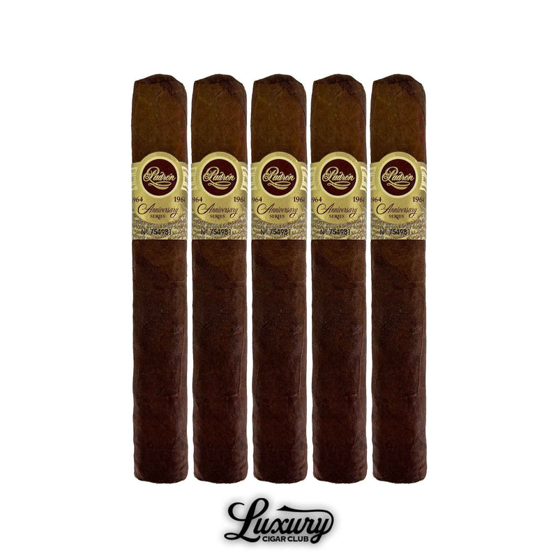 Five Padron 1964 Anniversary Series Maduro Exclusivo cigars lined up vertically, featuring deep brown wrappers and signature gold embossed labels. Luxury Cigar Club branding below.