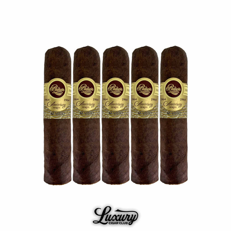 Five Padron 1964 Anniversary Series Maduro Hermoso cigars displayed upright, showcasing dark brown wrappers and elegant gold bands marked “1964 Anniversary Series.” Luxury Cigar Club branding beneath.