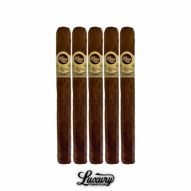 Five Padron 1964 Anniversary Series Maduro Monarca cigars displayed upright, showcasing dark brown wrappers and gold bands labeled “Anniversary Series 1964.” Luxury Cigar Club branding beneath.
