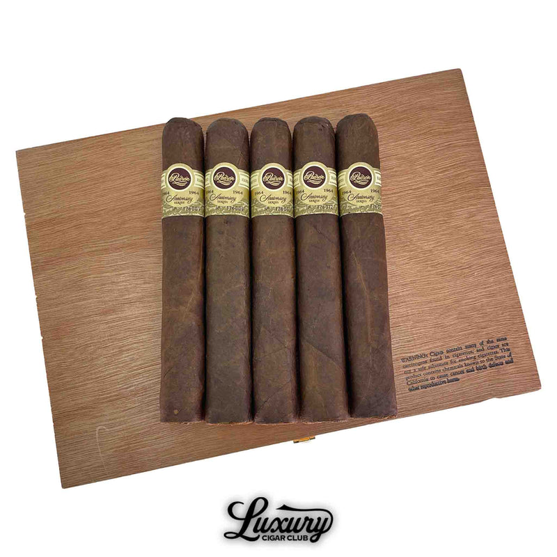 Five Padrón 1964 Anniversary Series Maduro No. 4 cigars displayed on box lid, rich dark maduro wrapper, sold online at Luxury Cigar Club.