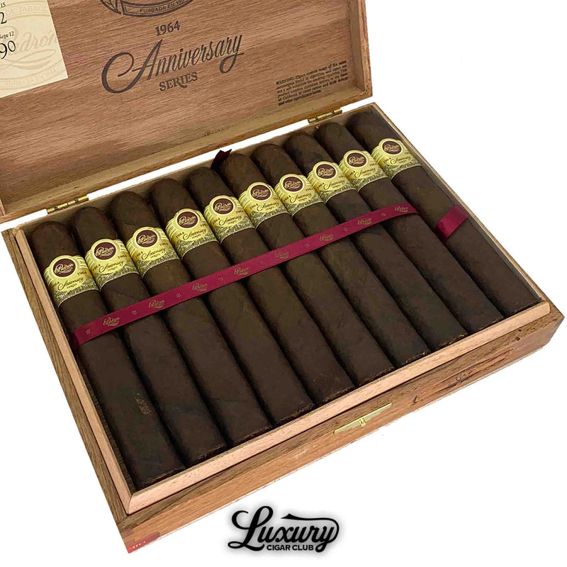 Close up of Padrón 1964 Anniversary Series Maduro No. 4 box showing premium maduro cigars with golden anniversary bands, Luxury Cigar Club exclusive.