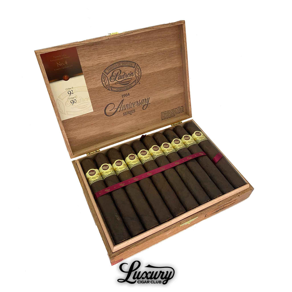 Open wooden box of Padrón 1964 Anniversary Series Maduro No. 4 cigars with 26 premium box-pressed cigars inside, available at Luxury Cigar Club.