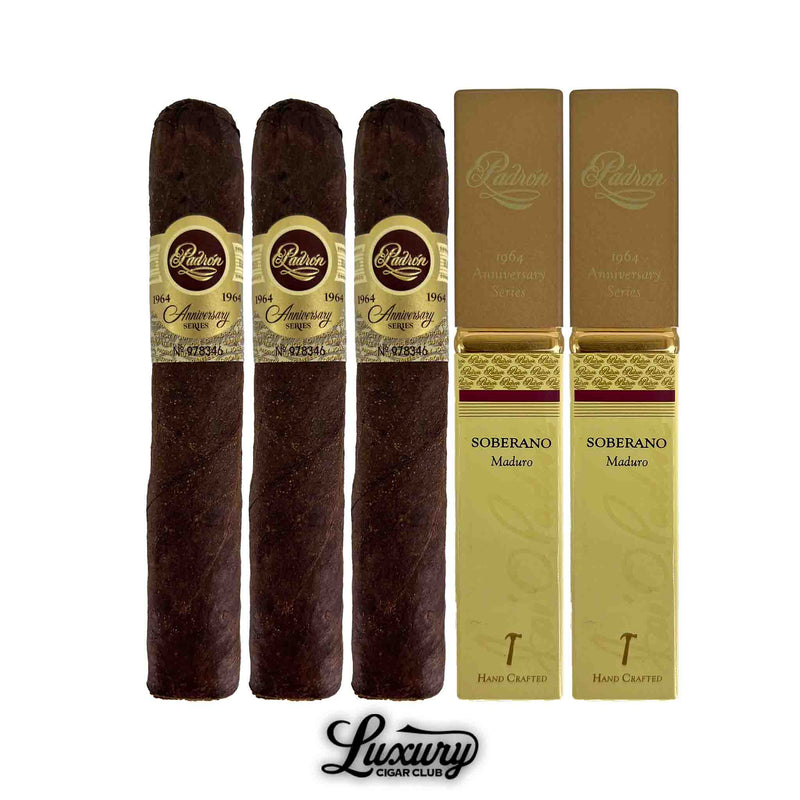Three Padron 1964 Anniversary Series Maduro cigars alongside two Soberano Maduro tubos, all labeled in gold and brown tones for a luxurious presentation. Luxury Cigar Club branding beneath.