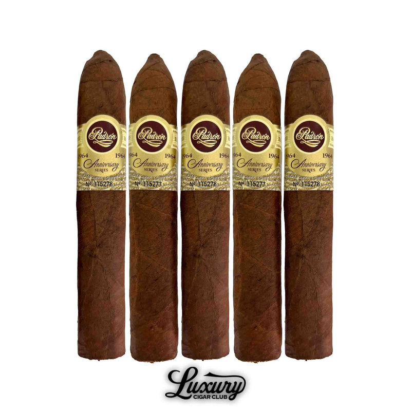Five Padron 1964 Anniversary Series Natural Belicoso cigars arranged in a row, featuring the signature cream-and-gold anniversary band and box-pressed construction, photographed for Luxury Cigar Club.