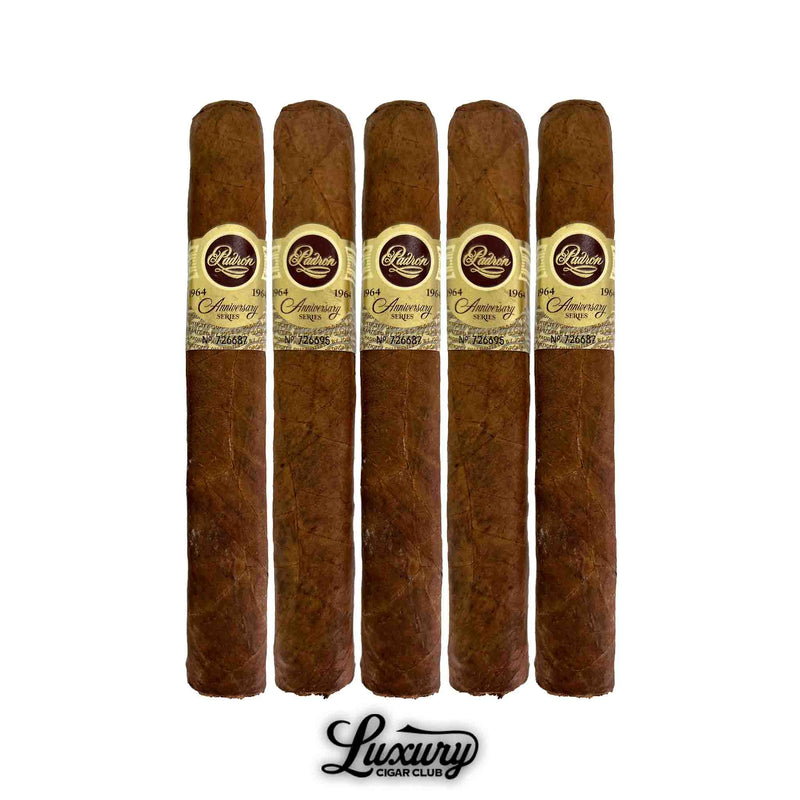 Five Padron 1964 Anniversary Series Natural Exclusivo cigars photographed in a vertical lineup, featuring the natural wrapper tone, box-pressed finish, and cream-and-gold anniversary bands for Luxury Cigar Club.
