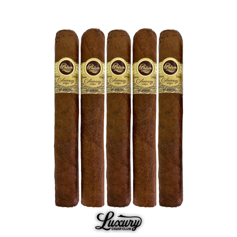 Five Padron 1964 Anniversary Series Natural Imperial cigars with box-pressed bodies and cream-and-gold bands, displayed vertically for Luxury Cigar Club imagery.