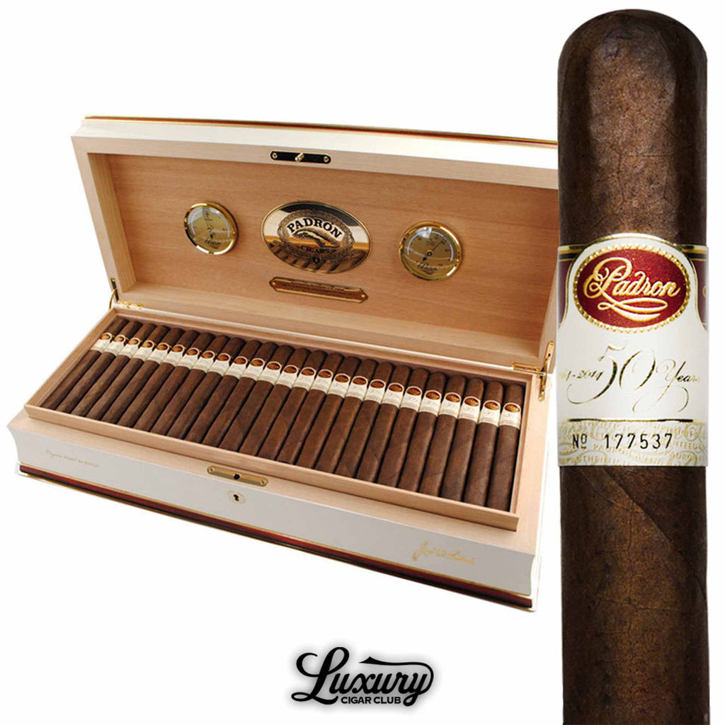 Padron 50th Anniversary Maduro cigar collection displayed in an elegant luxury wooden humidor with gold dials, featuring dark box-pressed cigars with white and red anniversary bands, available at Luxury Cigar Club.