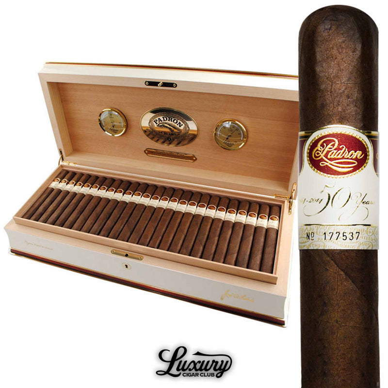 Padron 50th Anniversary Maduro cigar collection displayed in an elegant luxury wooden humidor with gold dials, featuring dark box-pressed cigars with white and red anniversary bands, available at Luxury Cigar Club.