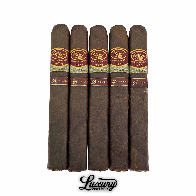 Five-pack of Padrón Family Reserve No. 45 Maduro cigars aligned, featuring signature red and gold bands with “45 Years” detail.